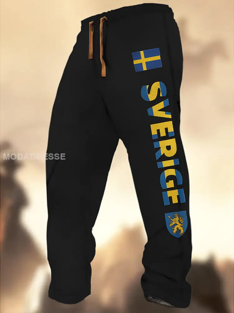 Swedish Flag Graphic Print Textur Logo Stripad Casual Sweatbyxor A / S