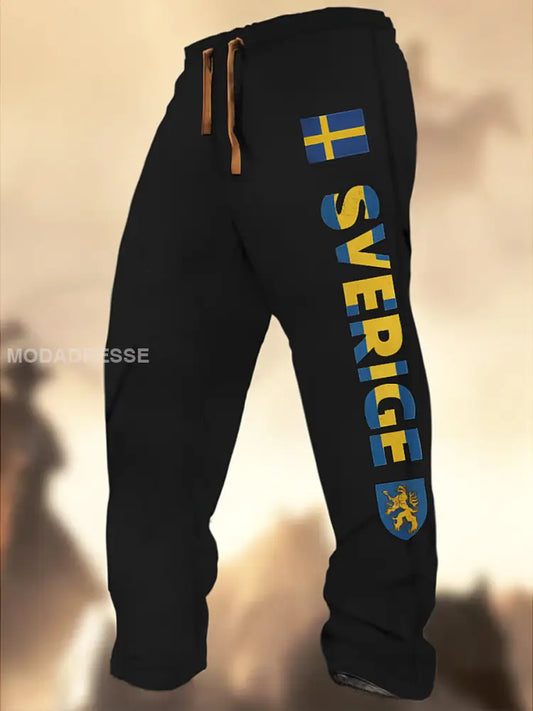 Swedish Flag Graphic Print Textur Logo Stripad Casual Sweatbyxor A / S