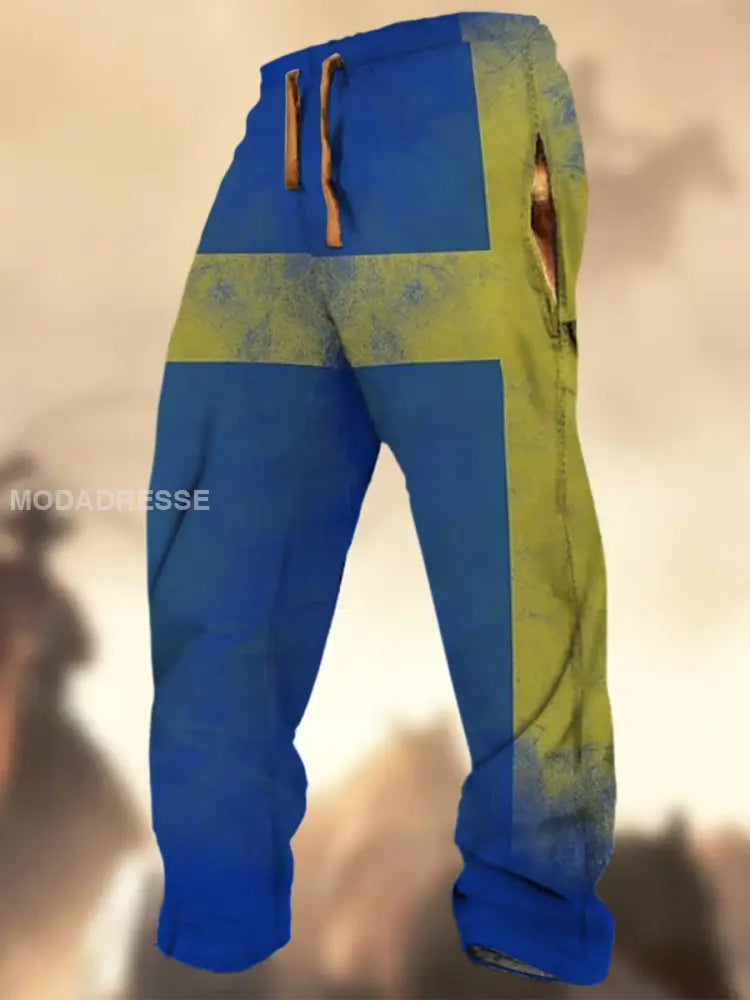 Swedish Flag Graphic Print Textur Logo Stripad Casual Sweatbyxor A / S