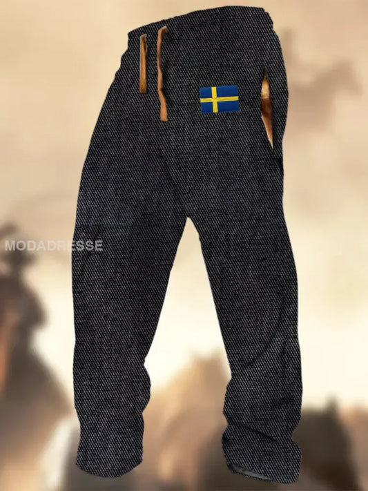 Swedish Flag Graphic Print Textur Logo Stripad Casual Sweatbyxor A / S