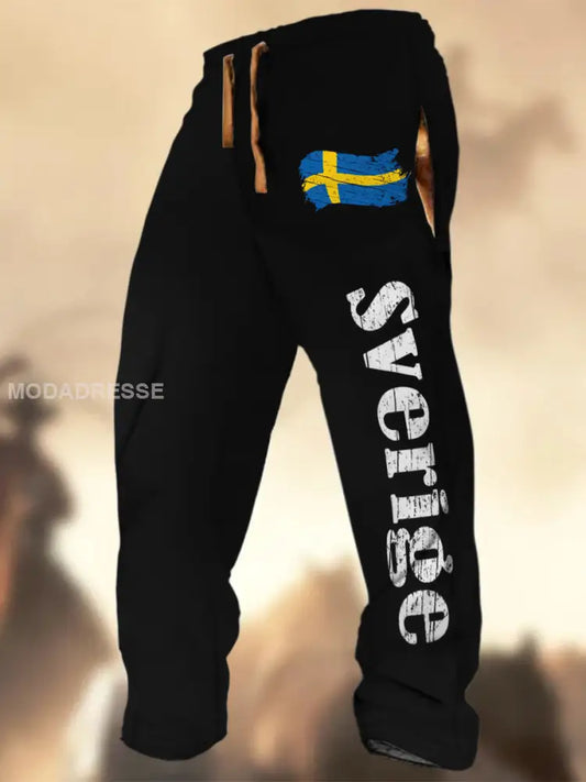 Swedish Flag Graphic Print Textur Logo Stripad Casual Sweatbyxor A / S