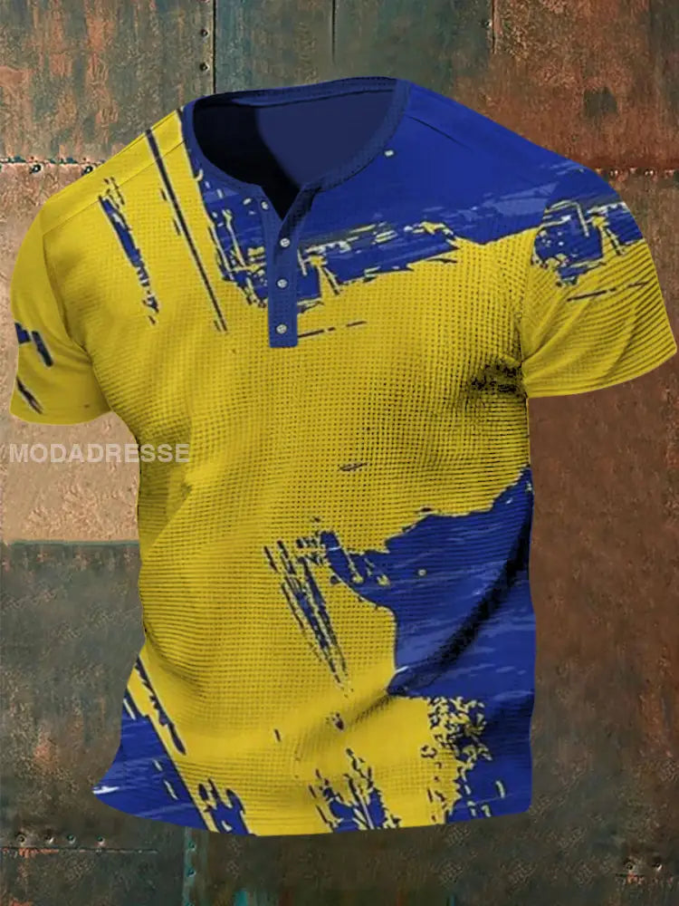 Swedish Flagg Våffle Textur mönster tryckt Henley Knapp V-hals korta ärmar skjorta A / S