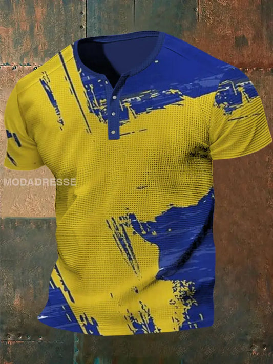 Swedish Flagg Våffle Textur mönster tryckt Henley Knapp V-hals korta ärmar skjorta A / S