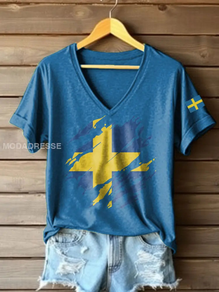 Tryckt T-shirt blå / S