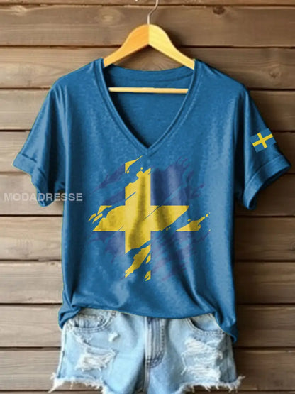 Tryckt T-shirt blå / S