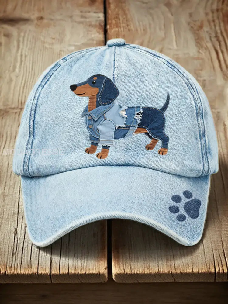 Unisex Denim Patchwork konst Dachhund hund mönster tvättad hatt ljusblåa / ONE