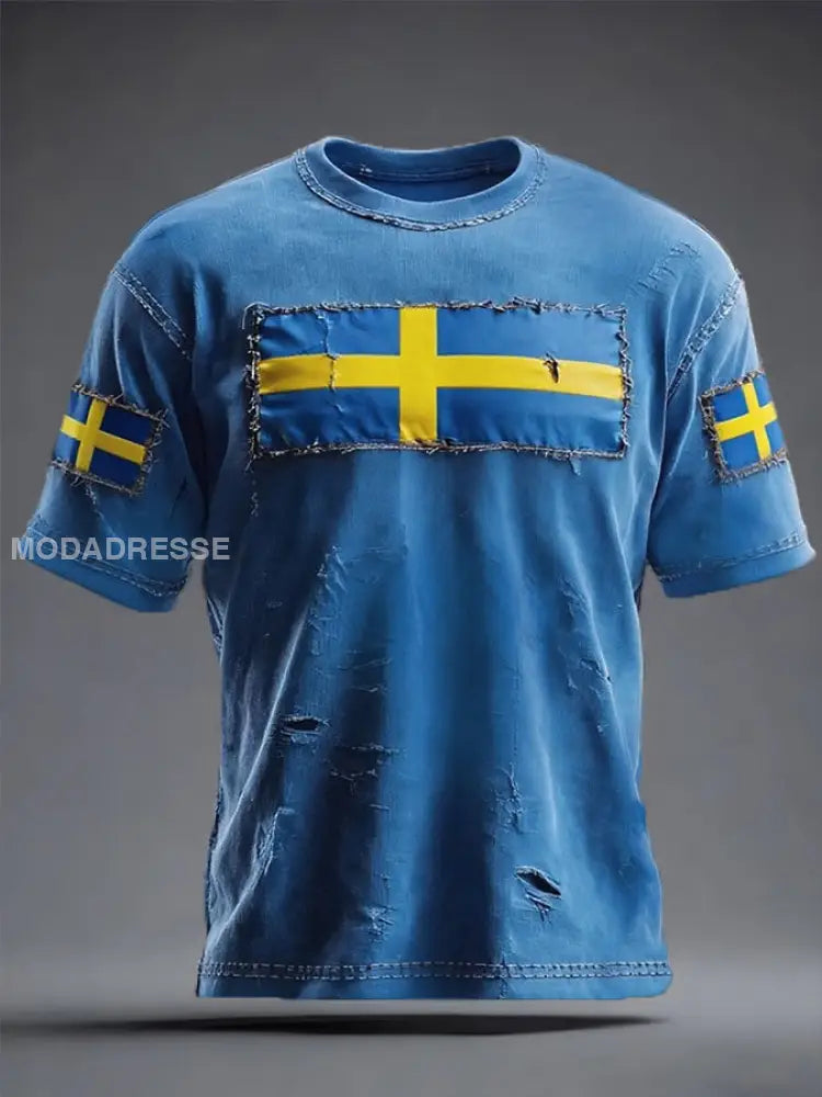 Unisex Sweden Flag Art Printed T-shirt Blue / S