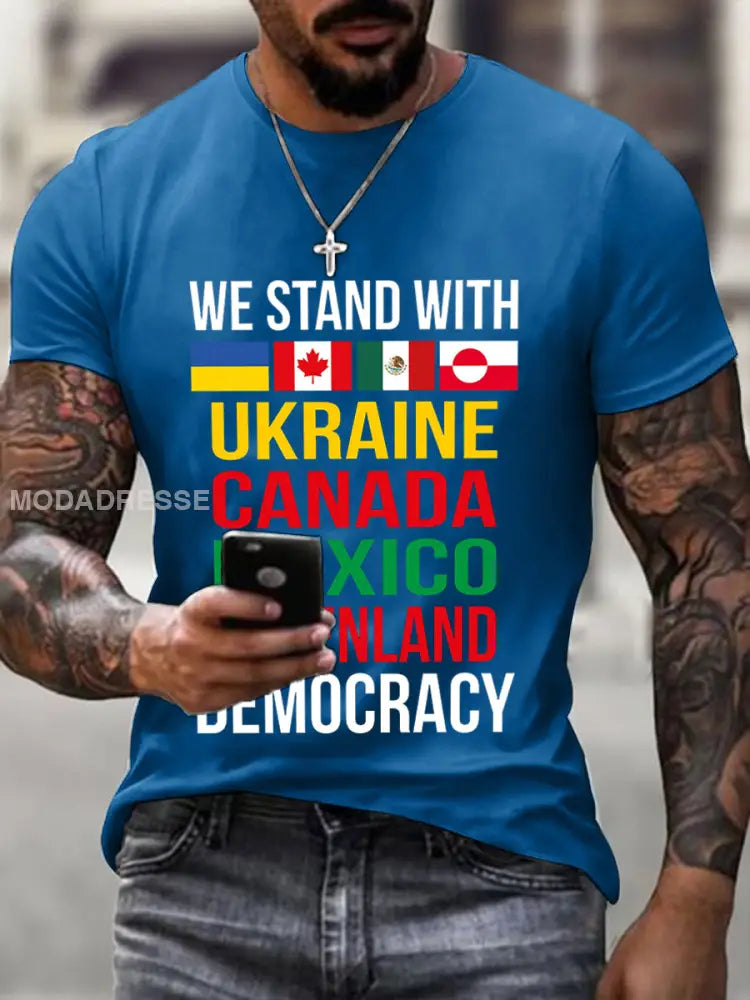 Vi står med Ukraine Canada Mexico Grønland Print T-Shirt blå / S