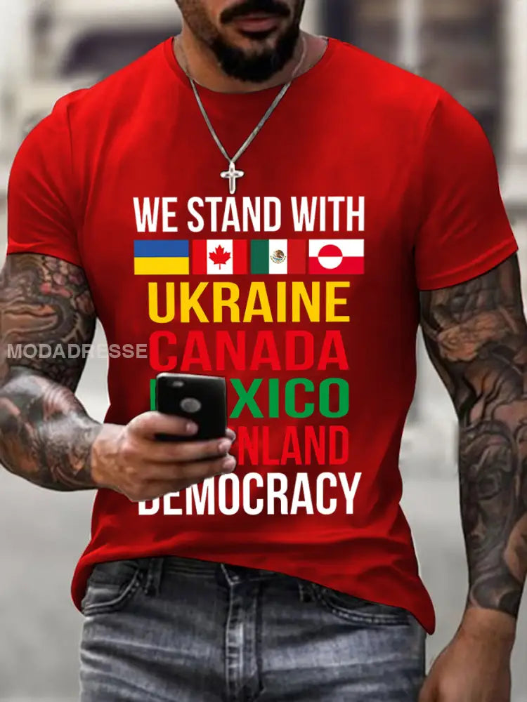 Vi står med Ukraine Canada Mexico Grønland Print T-Shirt rød / S