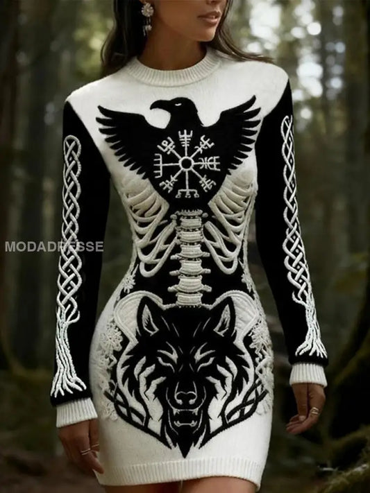 Viking Klänning Med Smalt Tryck För Kvinnor svart och vitt / S