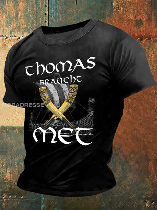 Viking Style Chomas Mec Skriv ut Vintage Mode Kort ärm T-shirt S
