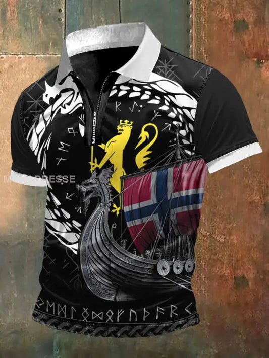 Vikingeskip skriv ut zip-opp Polo hals kort erme T-shirt S