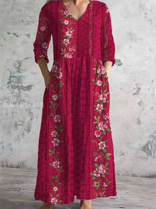 Vintage blomsterkunst utskrift Chic V hals tre kvarter erme Elegant Midi kjole A / S