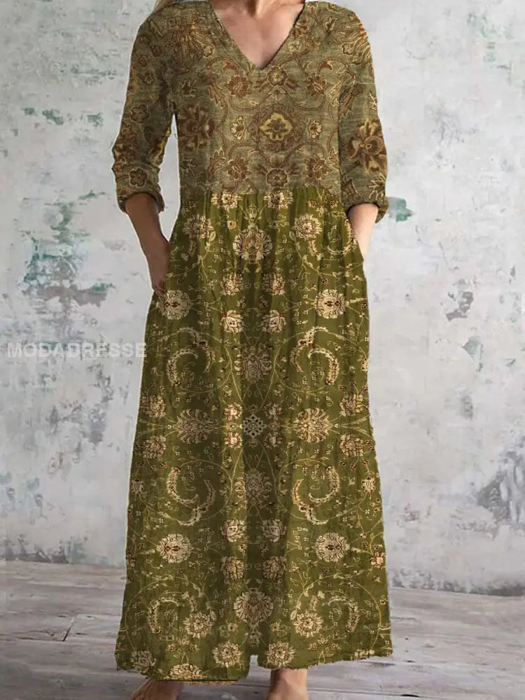 Vintage blomsterkunst utskrift Chic V hals tre kvarter erme Elegant Midi kjole A / S