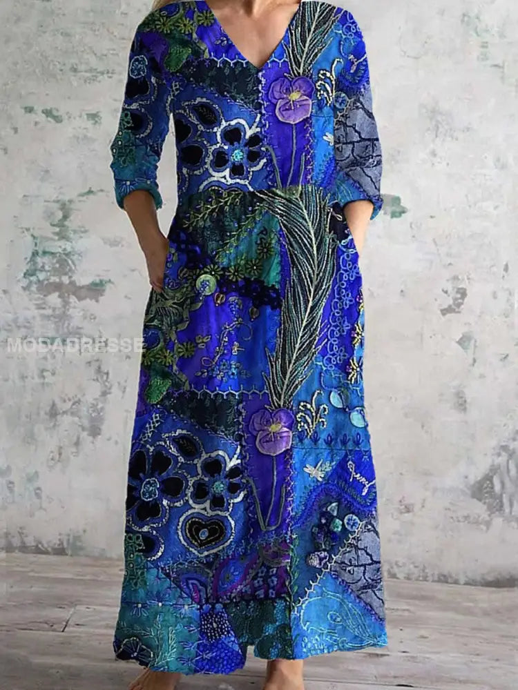 Vintage blomsterkunst utskrift Chic V hals tre kvarter erme Elegant Midi kjole A / S