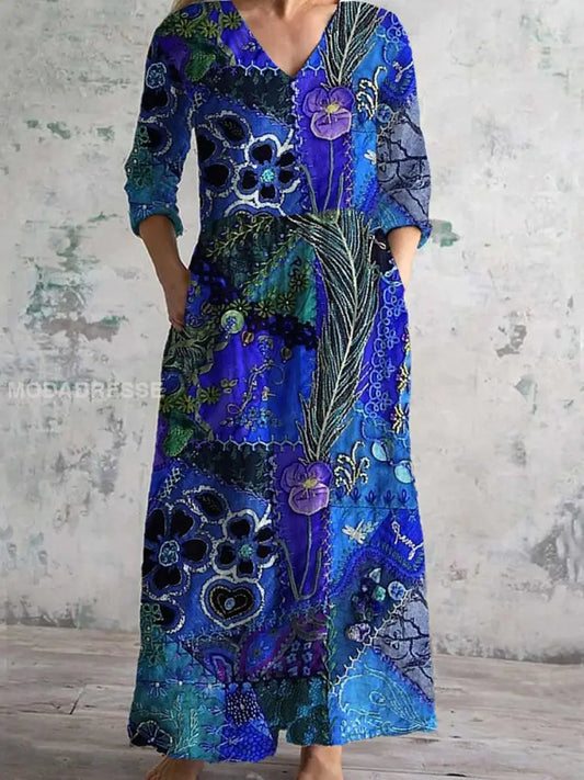 Vintage blomsterkunst utskrift Chic V hals tre kvarter erme Elegant Midi kjole A / S