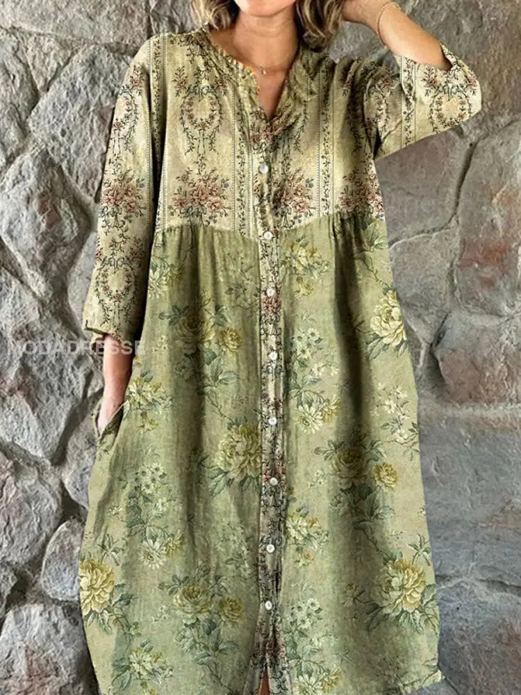 Vintage bohemisk blomsterkunst utskrift Chic V hals tre kvarts ermerknapp Elegant Midi kjole A / S