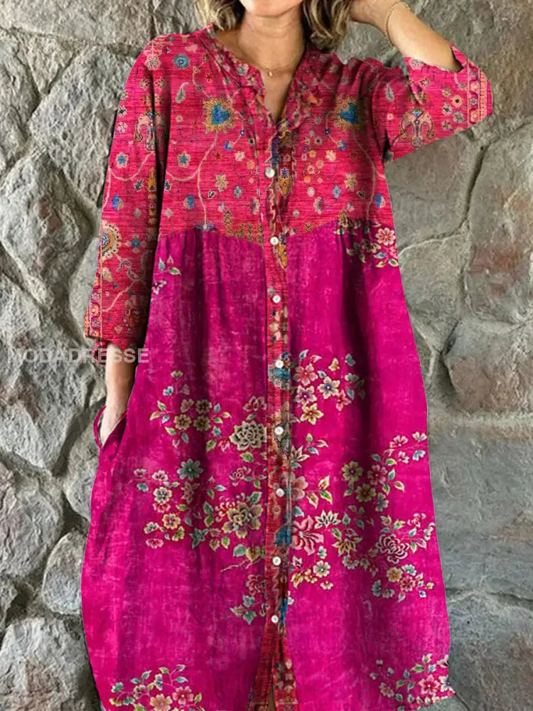 Vintage bohemisk blomsterkunst utskrift Chic V hals tre kvarts ermerknapp Elegant Midi kjole A / S