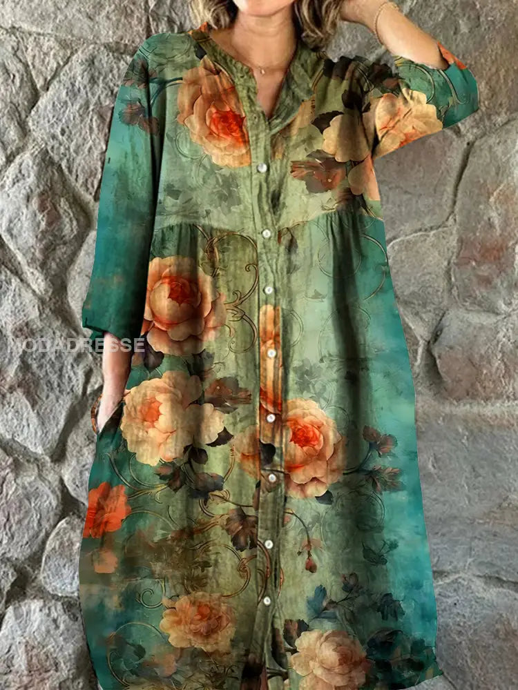 Vintage bohemisk blomsterkunst utskrift Chic V hals tre kvarts ermerknapp Elegant Midi kjole A / S