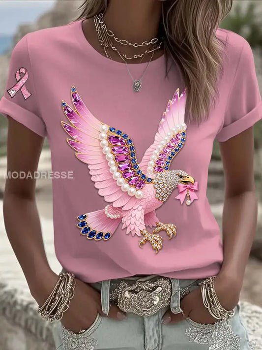 Vintage Bröstcancer Eagle Pearls Skriv ut Bekväm Casual Cotton Short T shirt runk / S