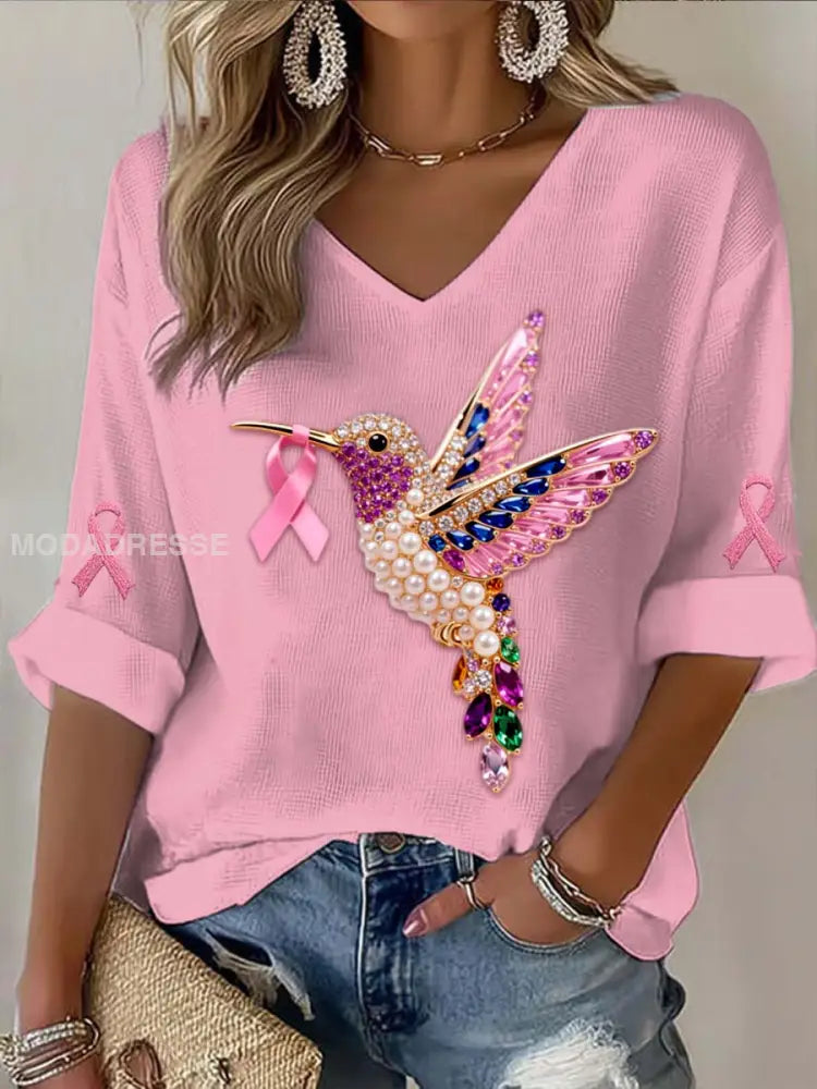 Vintage Bröstcancer Hummingbird färgglada pärlor Abstrakt Skriv ut Casual bomull Lång ärm T shirt runt / S
