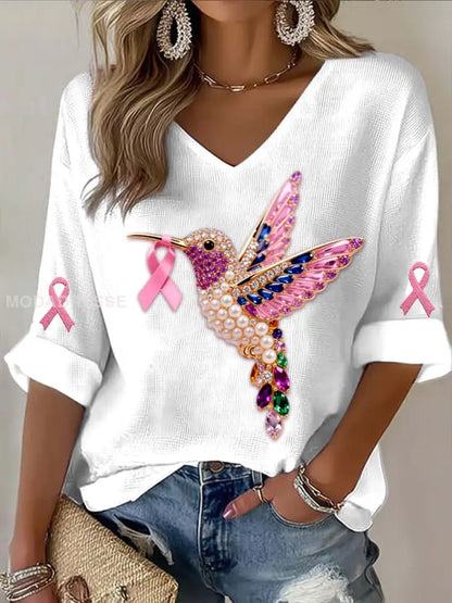 Vintage Bröstcancer Hummingbird färgglada pärlor Abstrakt Skriv ut Casual bomull Lång ärm T shirt vitt / S