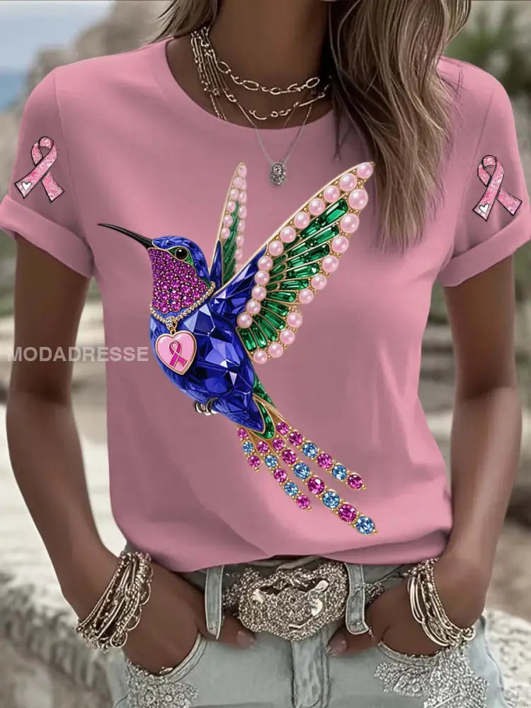 Vintage Bröstcancer Hummingbird Pearls Skriv ut bekväm Casual Cotton Short T shirt runk / S