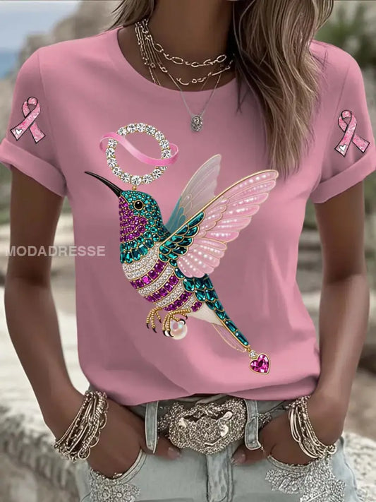 Vintage Bröstcancer Hummingbird Pearls Skriv ut bekväm Casual Cotton Short T shirt runk / S