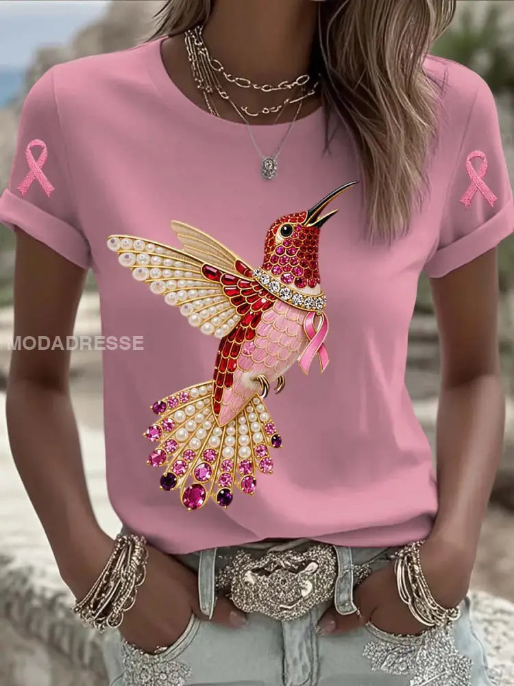 Vintage Bröstcancer Hummingbird Pearls Skriv ut bekväm Casual Cotton Short T shirt runk / S