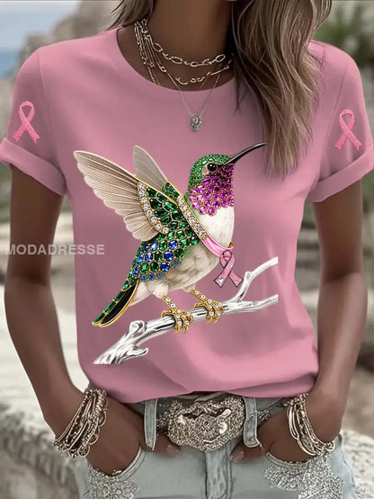 Vintage Bröstcancer Hummingbird Pearls Skriv ut bekväm Casual Cotton Short T shirt runt / S