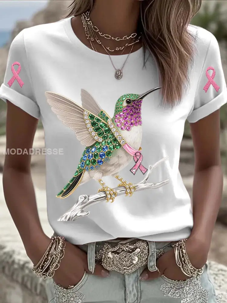 Vintage Bröstcancer Hummingbird Pearls Skriv ut bekväm Casual Cotton Short T shirt vitt / S