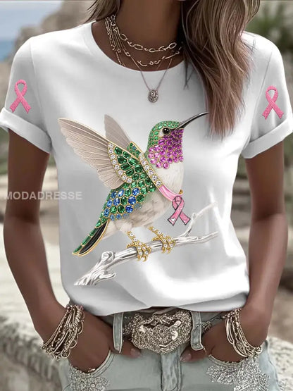Vintage Bröstcancer Hummingbird Pearls Skriv ut bekväm Casual Cotton Short T shirt vitt / S