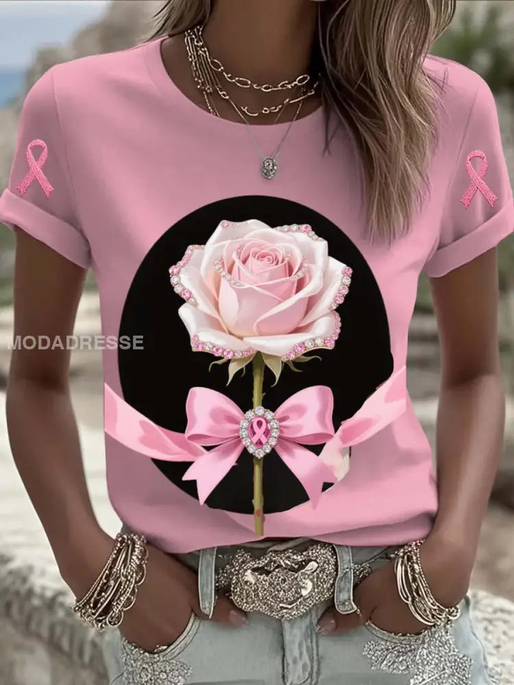 Vintage bröstcancer rosen blommiga pärlor Skriv ut Casual bomull Kort ärm T shirt runk / S