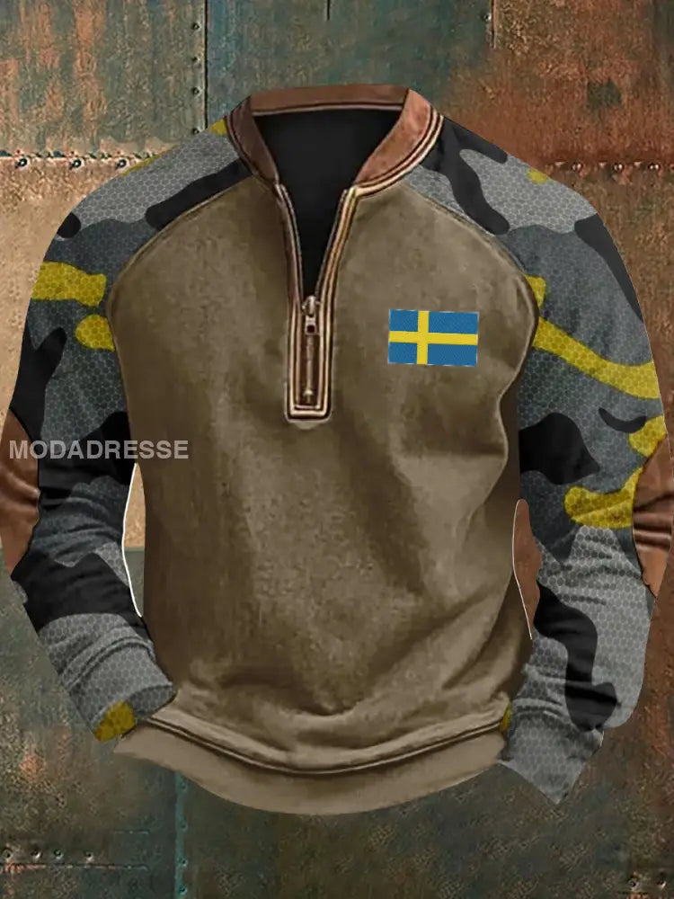 Vintage Camo Sverige Flag Textur mönster Tryckt Western Village Jaktlogo för V-Hack Outdoor Tjock Sweatshirt A / S