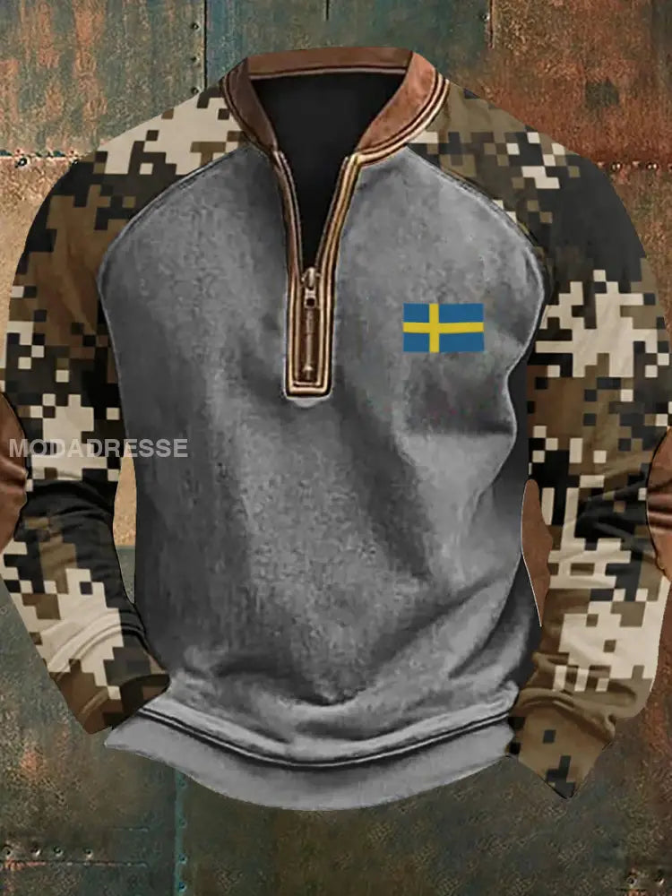 Vintage Camo Sverige Flag Textur mönster Tryckt Western Village Jaktlogo för V-Hack Outdoor Tjock Sweatshirt A / S