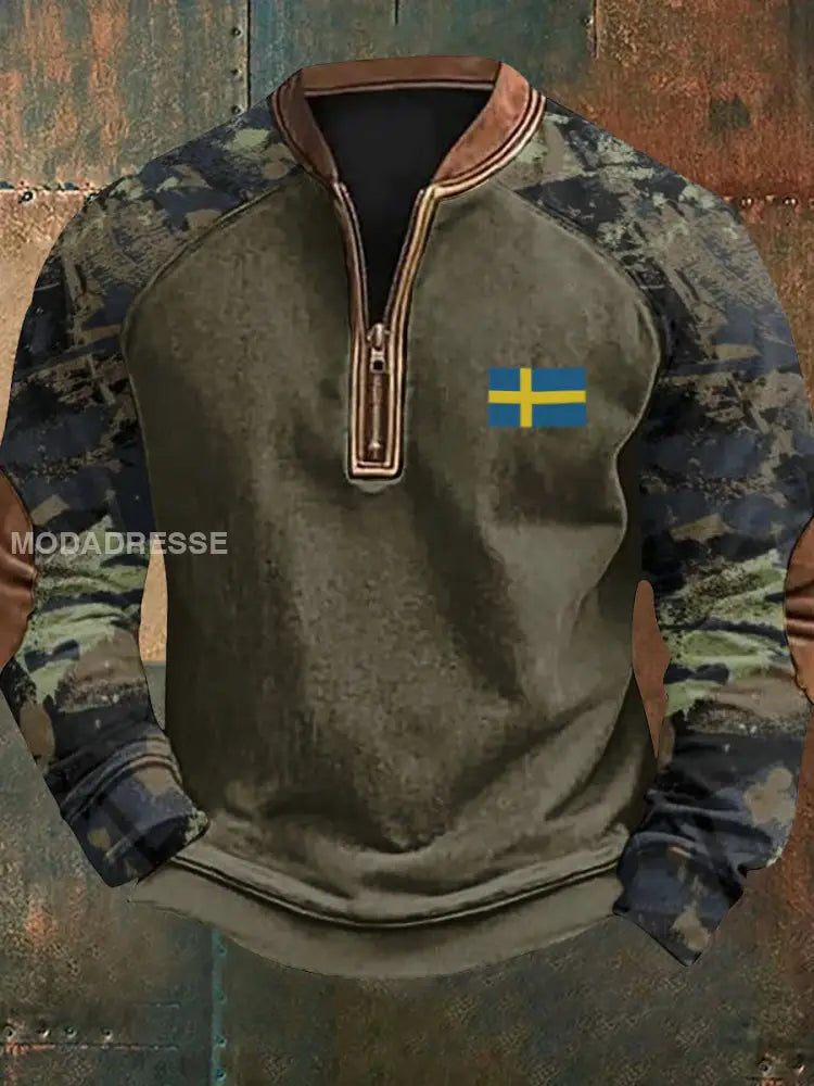 Vintage Camo Sverige Flag Textur mönster Tryckt Western Village Jaktlogo för V-Hack Outdoor Tjock Sweatshirt A / S