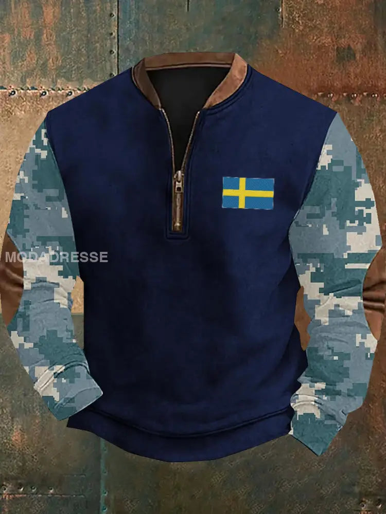 Vintage Camo Sverige Flag Textur mönster Tryckt Western Village Jaktlogo för V-Hack Outdoor Tjock Sweatshirt A / S
