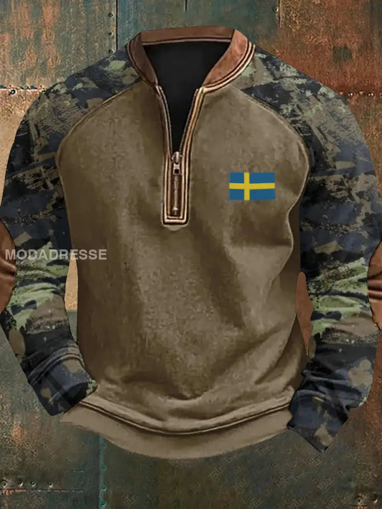 Vintage Camo Sverige Flag Textur mönster Tryckt Western Village Jaktlogo för V-Hack Outdoor Tjock Sweatshirt A / S
