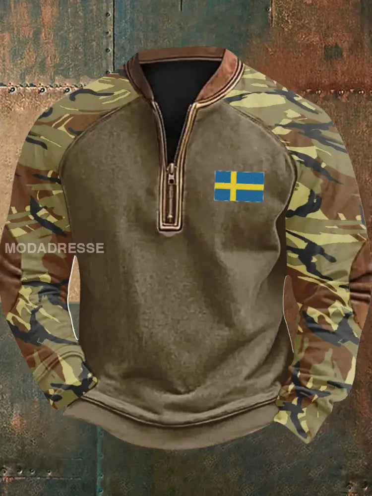 Vintage Camo Sverige Flag Textur mönster Tryckt Western Village Jaktlogo för V-Hack Outdoor Tjock Sweatshirt A / S