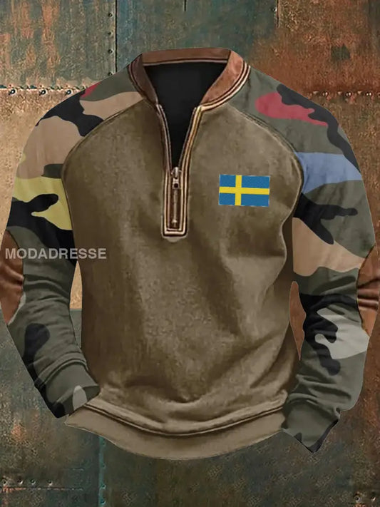 Vintage Camo Sverige Flag Textur mönster Tryckt Western Village Jaktlogo för V-Hack Outdoor Tjock Sweatshirt A / S