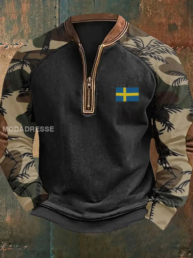Vintage Camo Sverige Flag Textur mönster Tryckt Western Village Jaktlogo för V-Hack Outdoor Tjock Sweatshirt A / S