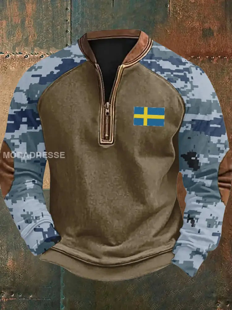 Vintage Camo Sverige Flag Textur mönster Tryckt Western Village Jaktlogo för V-Hack Outdoor Tjock Sweatshirt A / S