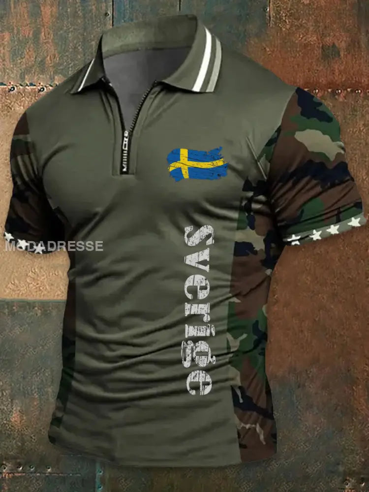 Vintage Camo Sverige Flag Textur tryckt atletiskt blixtlås V-hals korta ärmar henskjort A / S