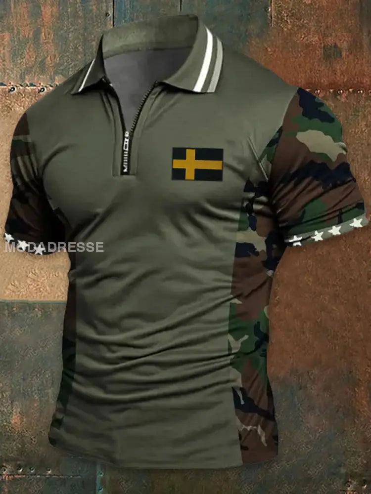 Vintage Camo Sverige Flag Textur tryckt atletiskt blixtlås V-hals korta ärmar henskjort A / S