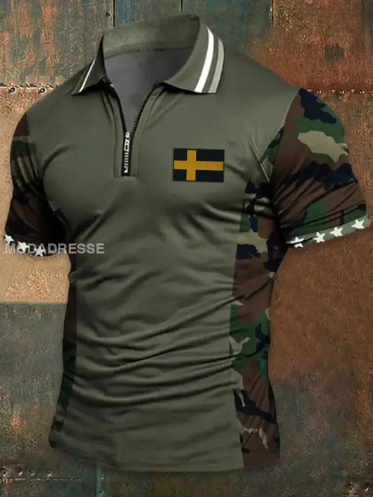 Vintage Camo Sverige Flag Textur tryckt atletiskt blixtlås V-hals korta ärmar henskjort A / S