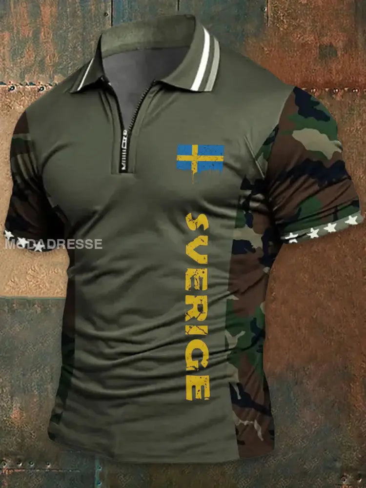 Vintage Camo Sverige Flag Textur tryckt atletiskt blixtlås V-hals korta ärmar henskjort A / S