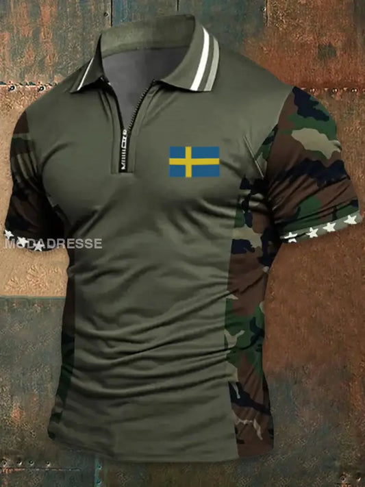 Vintage Camo Sverige Flag Textur tryckt atletiskt blixtlås V-hals korta ärmar henskjort A / S