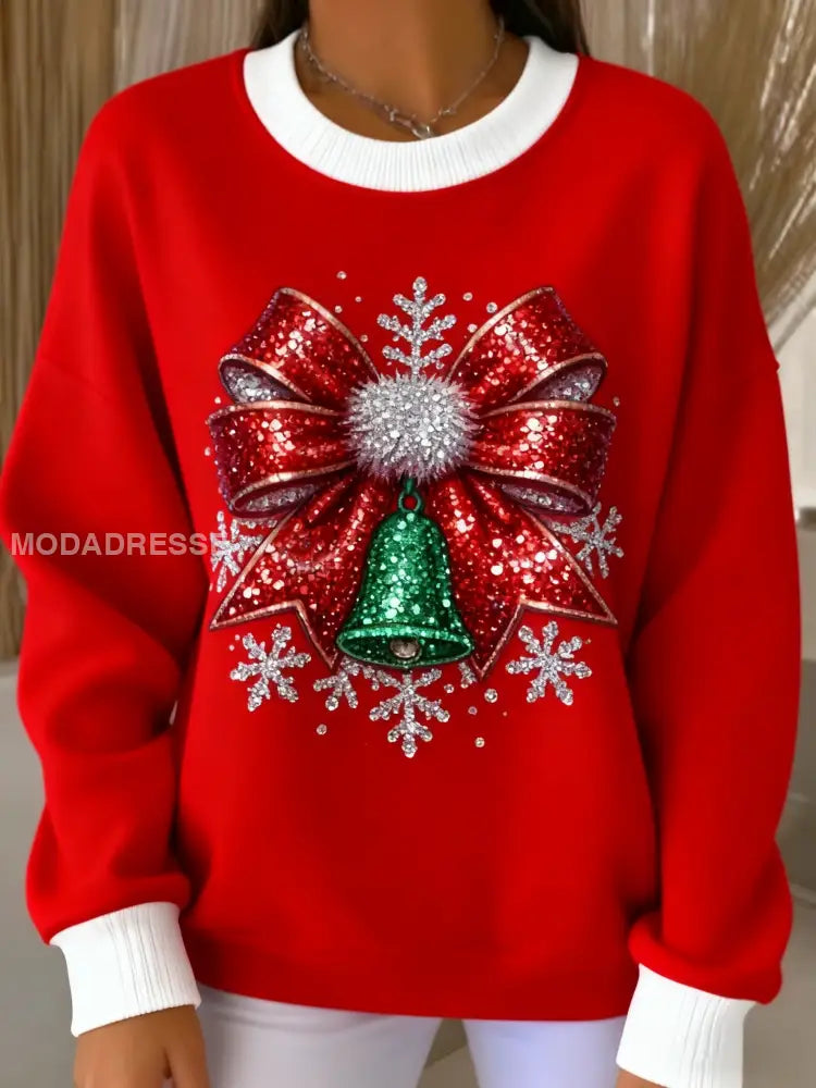 Vintage Christmas Sequin Bow Loose Lång ärm Sweatshirt röd / S