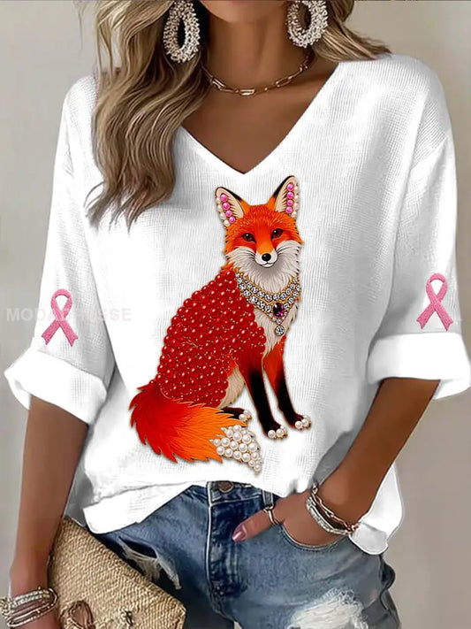 Vintage Fox Pearl Bröstcancer Print Casual bomull Lång ärm T shirt vitt / S