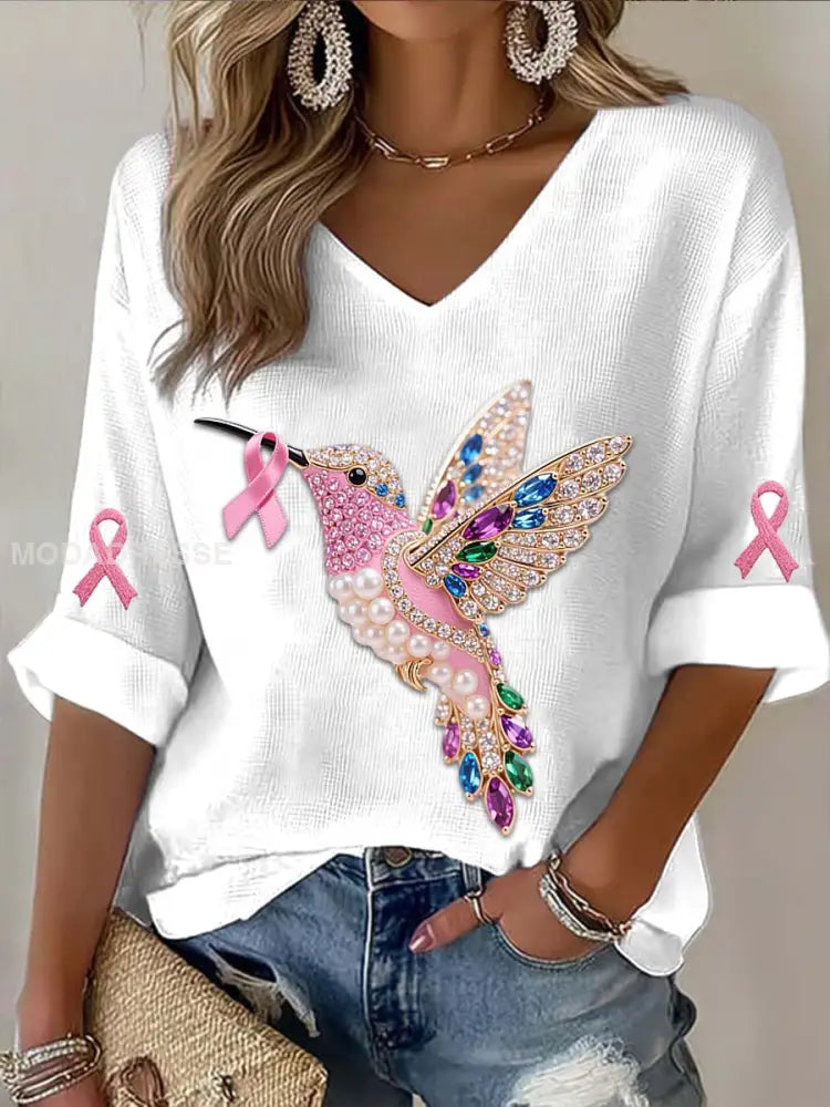 Vintage Hummingbird färgglada pärlor Bröstcancer Skriv ut Casual bomull Lång ärm T shirt vitt / S